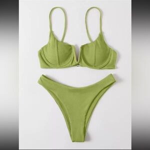 SHEIN Swim Summer Ribbed Bikini Set V Wired Underwire Cami Bra & Bikini Bottom